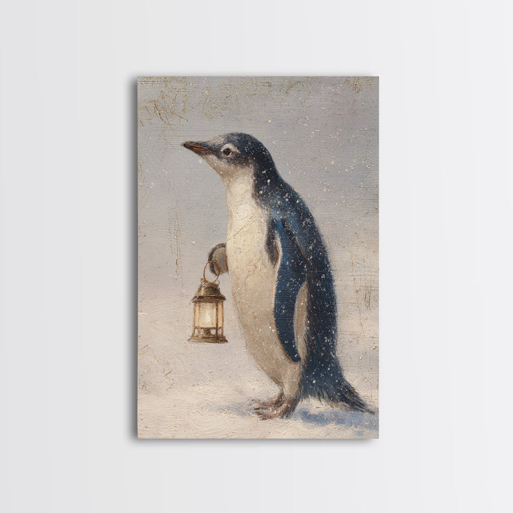 Penguin Holding a Lantern Framed Canvas Print, Whimsical Art, Abstract Wall Art, Living Room Decor, Fine Art, Wonder, WHI-2x3-97