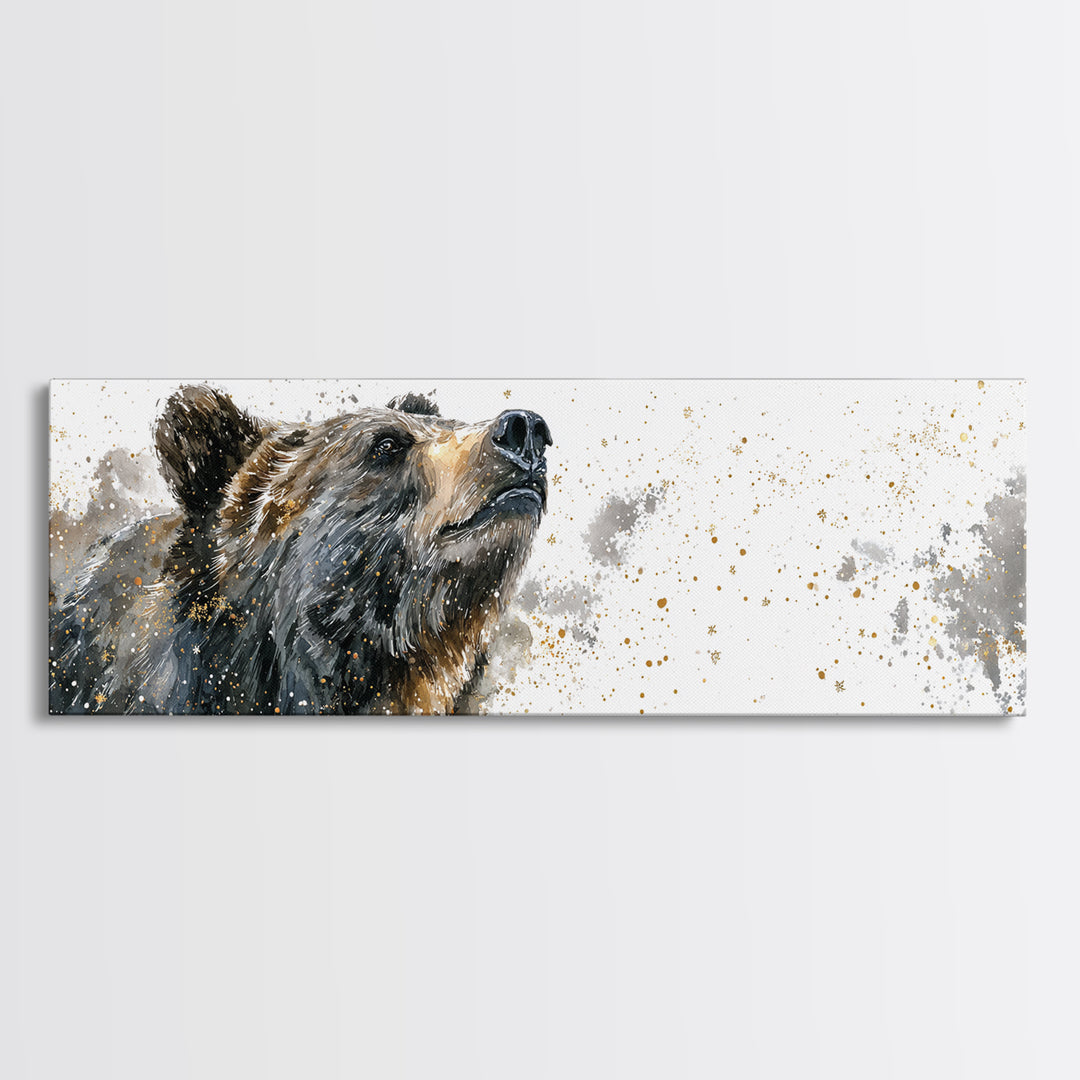 Bear Painting Stars Onto the Night Sky Framed Canvas Print, Whimsical Art, Dark Academia Decor, Living Room Decor, Wonder, WHI-3x1-1