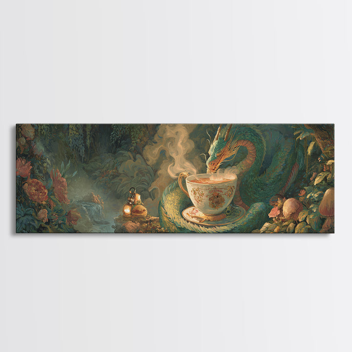 Dragon Curled Around a Teacup Canvas Print, Whimsical Art, Dark Academia Decor, Living Room Decor, Wonder, Modern Decor, WHI-3x1-16