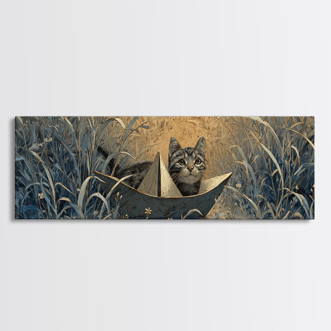 Cat Sailing a Paper Boat Framed Canvas Print, Whimsical Art, Digital Print, Living Room Decor, Fine Art, Wonder, Bird Art, WHI-3x1-18