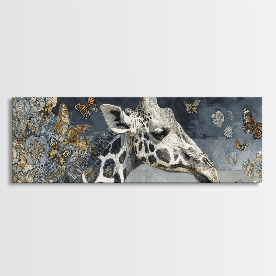 Giraffe with Scarf and Butterflies Framed Canvas Print, Whimsical Art, Original Art, Living Room Decor, Fine Art, Wonder, WHI-3x1-2
