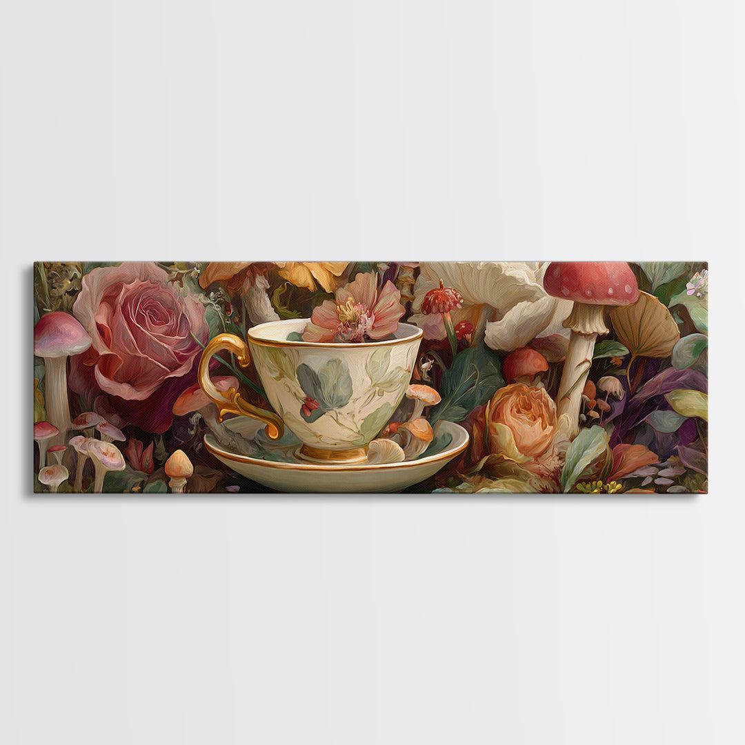 Teacup Garden with Tiny Mushrooms Canvas Print, Whimsical Art, Nursery Art, Living Room Decor, Oil Painting, Wonder, WHI-3x1-20