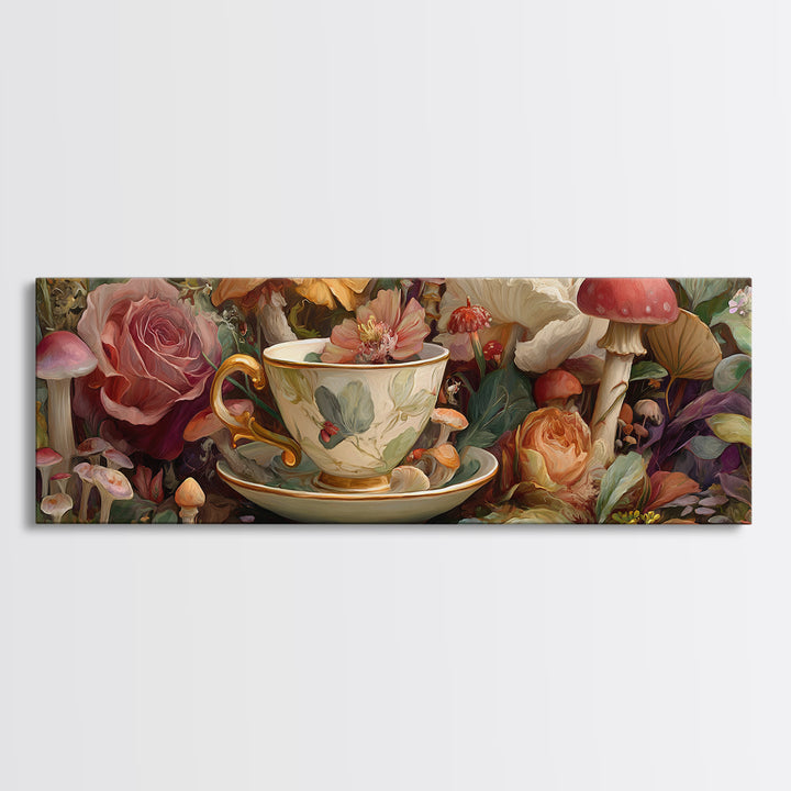 Teacup Garden with Tiny Mushrooms Canvas Print, Whimsical Art, Nursery Art, Living Room Decor, Oil Painting, Wonder, WHI-3x1-20