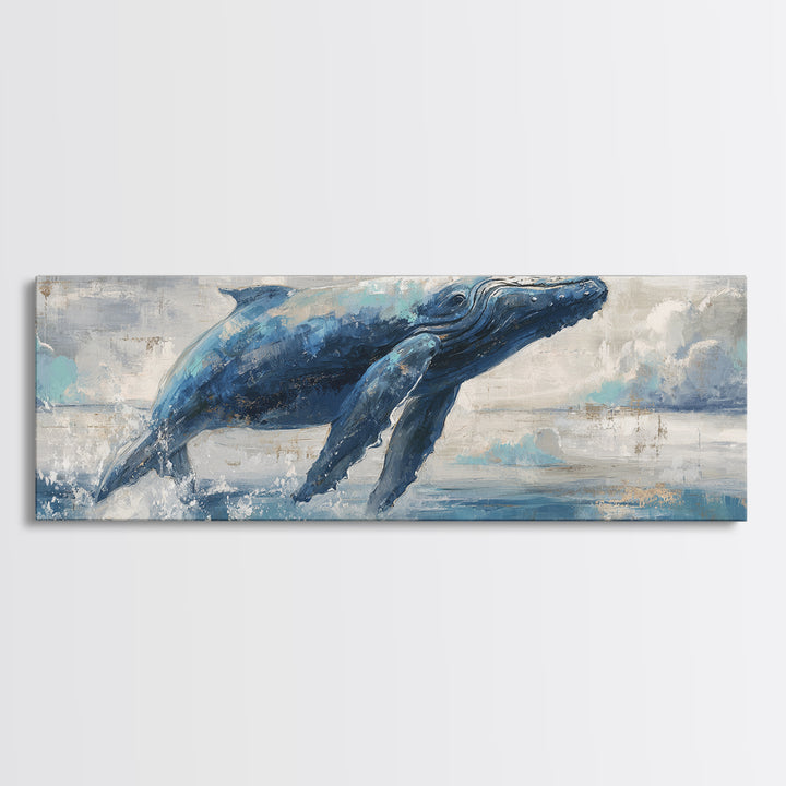 Whale Flying Through Clouds Like Ocean Canvas Print, Whimsical Art, Dopamine Decor, Living Room Decor, Fine Art, Wonder, WHI-3x1-29