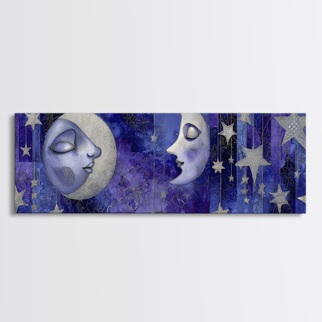 Moon with Sleeping Face and Dangling Stars Framed Canvas Print, Whimsical Art, Watercolor Art, Living Room Decor, Wonder, WHI-3x1-32