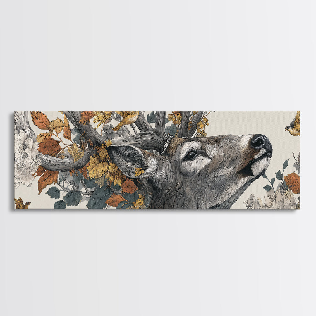 Deer with Antlers Full of Birds Canvas Print, Whimsical Art, Minimalist Decor, Living Room Decor, Wonder, Nursery Wall Art, WHI-3x1-35