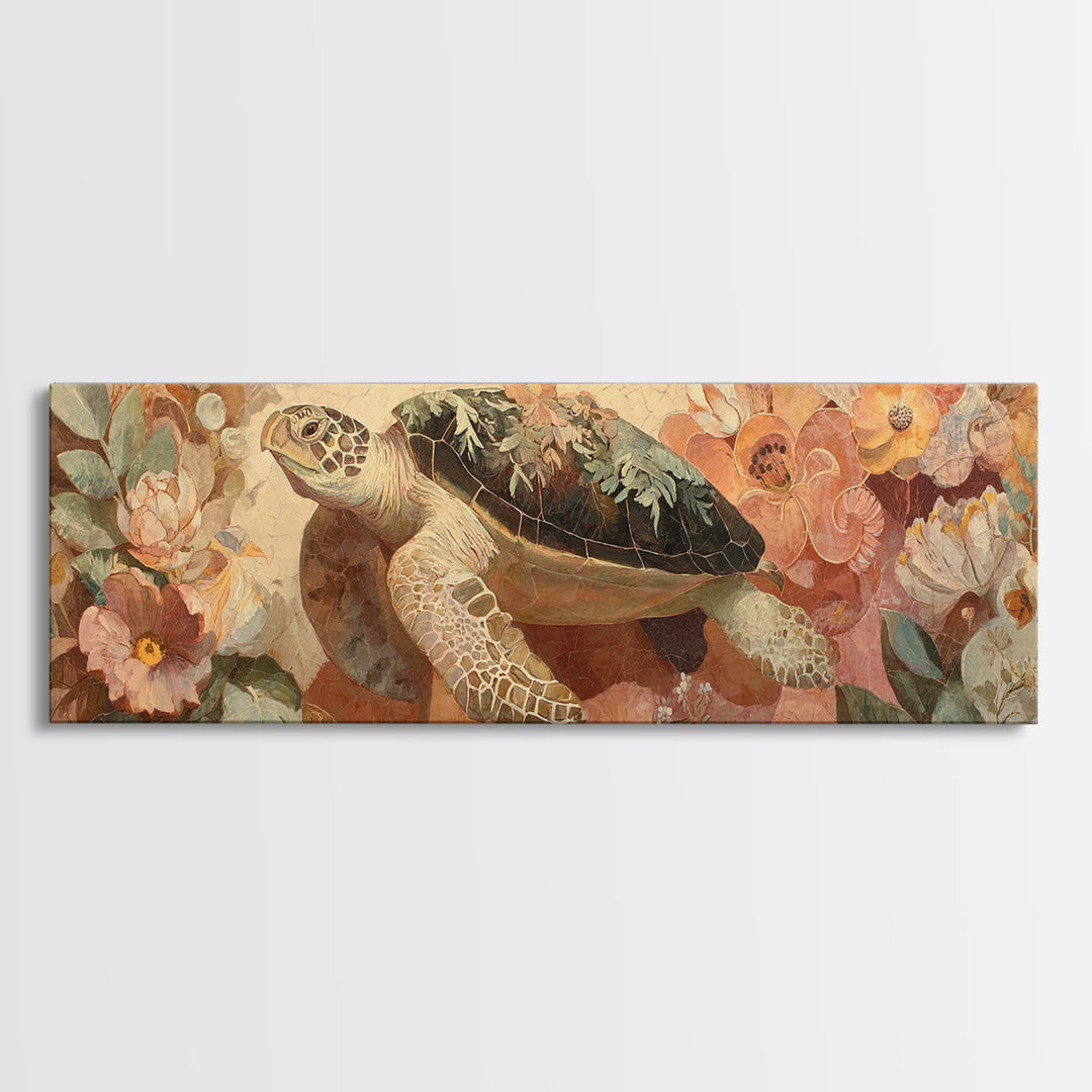 Turtle with Garden Growing on Shell Canvas Print, Whimsical Art, Framed Wall Art, Living Room Decor, Oil Painting, Wonder, WHI-3x1-38