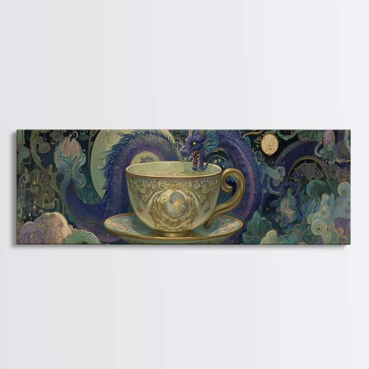 Dragon Curled Around a Teacup Canvas Print, Whimsical Art, Neutral Decor, Living Room Decor, Fine Art, Wonder, Home Decor, WHI-3x1-40