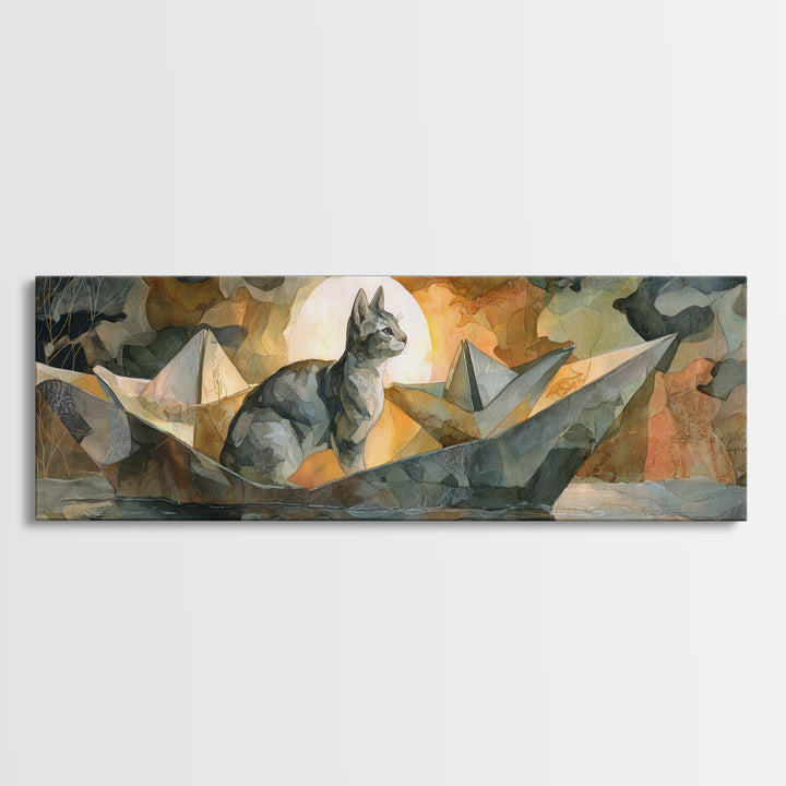 Cat Sailing a Paper Boat Canvas Print, Whimsical Art, Abstract Wall Art, Living Room Decor, Fine Art, Wonder, Neutral Decor, WHI-3x1-42