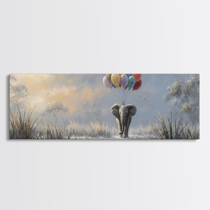 Elephant Holding Balloons Canvas Print, Whimsical Art, Pet Portrait, Living Room Decor, Fine Art, Wonder, Abstract Wall Art, WHI-3x1-43