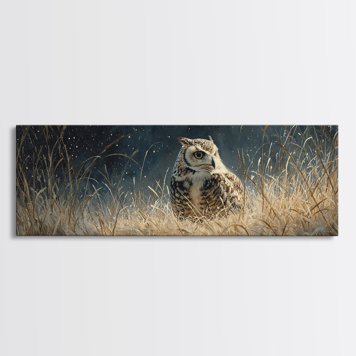 Owl Wearing Spectacles Among Stars Canvas Print, Whimsical Art, Dark Academia Decor, Living Room Decor, Fine Art, Wonder, WHI-3x1-46