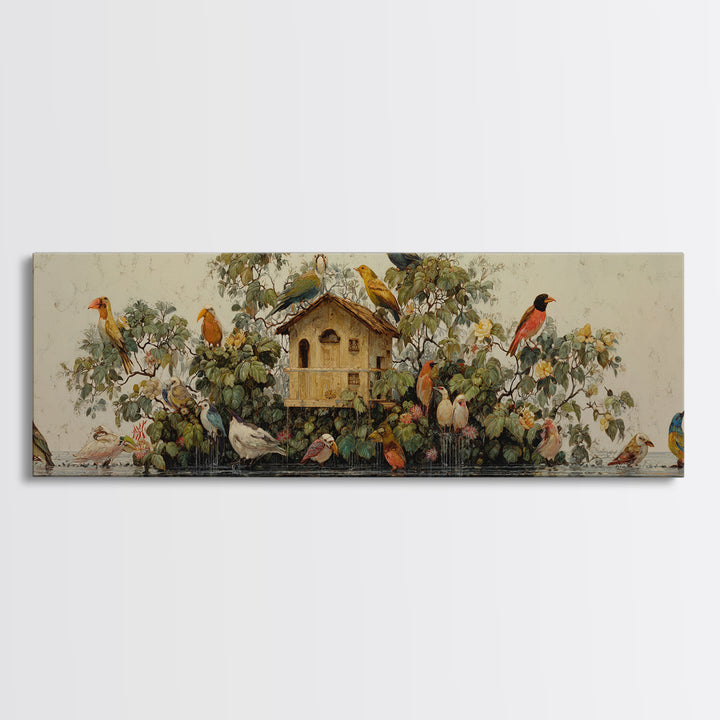 Floating House Carried by Colorful Birds Framed Canvas Print, Whimsical Art, Living Room Decor, Oil Painting, Wonder, WHI-3x1-47