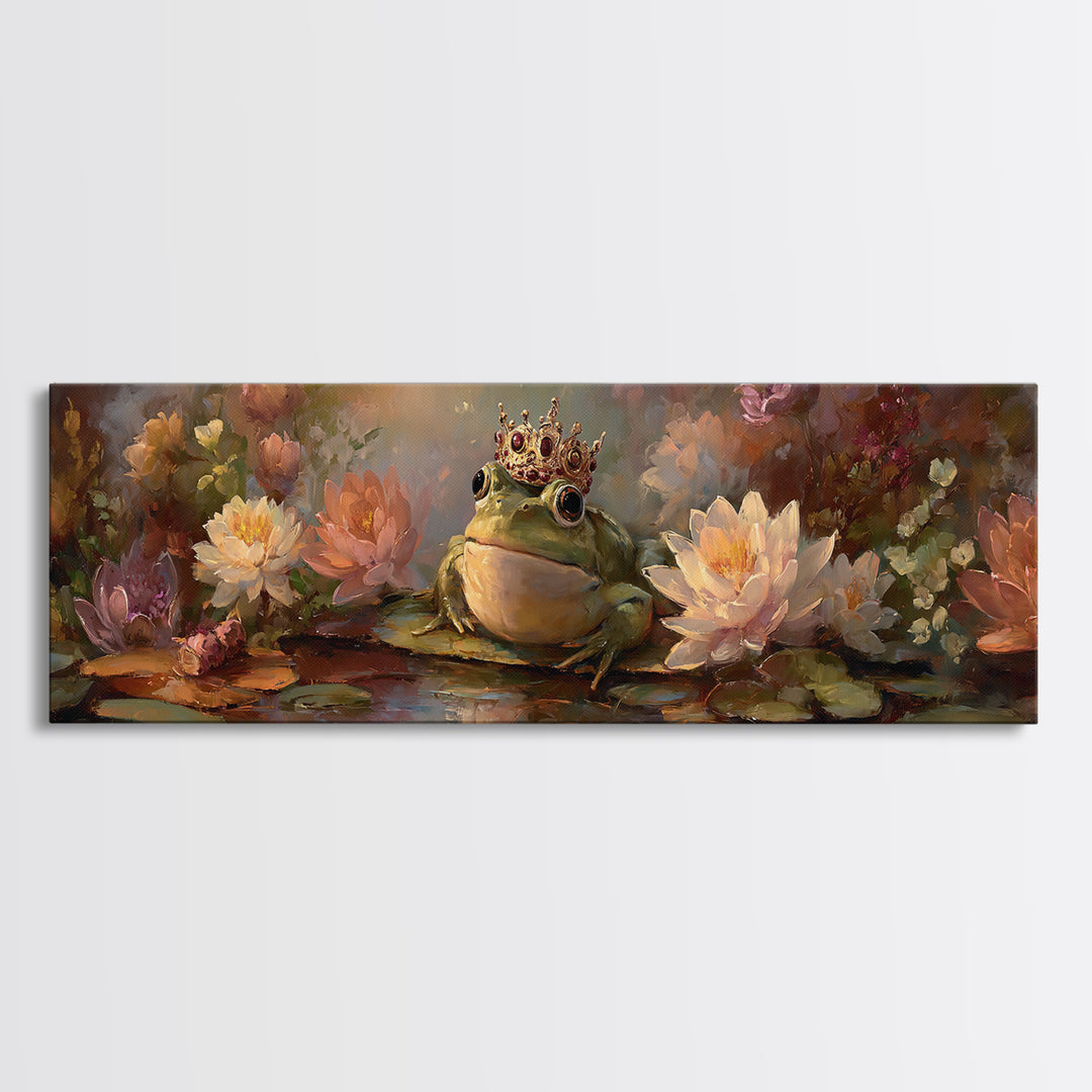 Frog Prince on a Lily Pad Canvas Print, Whimsical Art, Textured Painting, Living Room Decor, Fine Art, Wonder, Nursery Decor, WHI-3x1-48