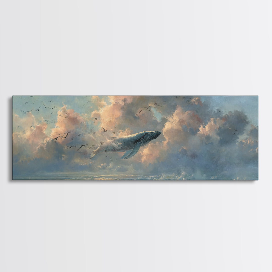 Whale Flying Through Clouds Like Ocean Framed Canvas Print, Whimsical Art, Printable Art, Living Room Decor, Watercolor Art, WHI-3x1-5