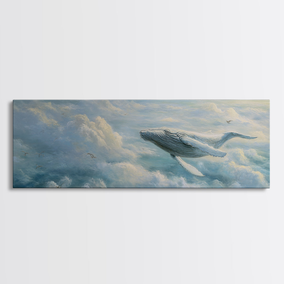 Whale Flying Through Clouds Like Ocean Framed Canvas Print, Whimsical Art, Nursery Art, Living Room Decor, Oil Painting, Wonder, WHI-3x1-53