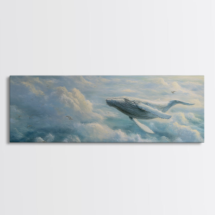 Whale Flying Through Clouds Like Ocean Framed Canvas Print, Whimsical Art, Nursery Art, Living Room Decor, Oil Painting, Wonder, WHI-3x1-53