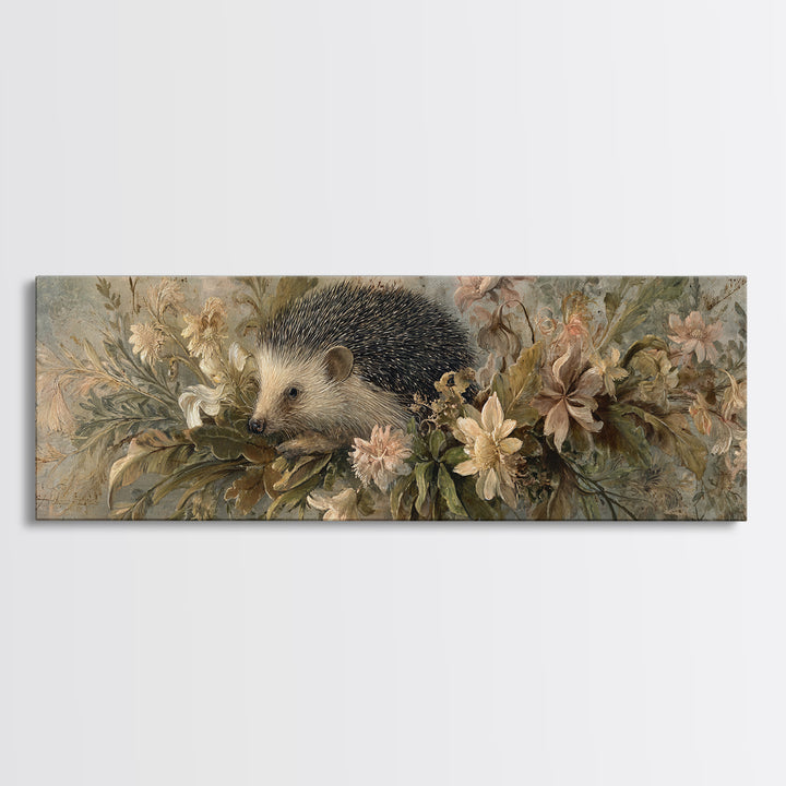 Hedgehog Carrying Wildflowers Framed Canvas Print, Whimsical Art, Prints, Living Room Decor, Oil Painting, Wonder, WHI-3x1-55