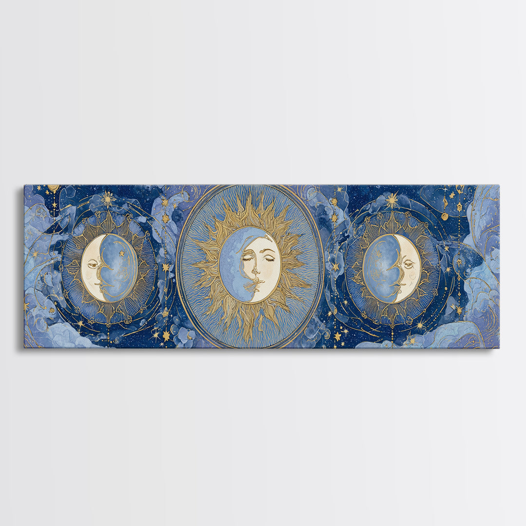 Moon with Sleeping Face and Dangling Stars Framed Canvas Print, Whimsical Art, Minimalist Decor, Living Room Decor, Wonder, WHI-3x1-56