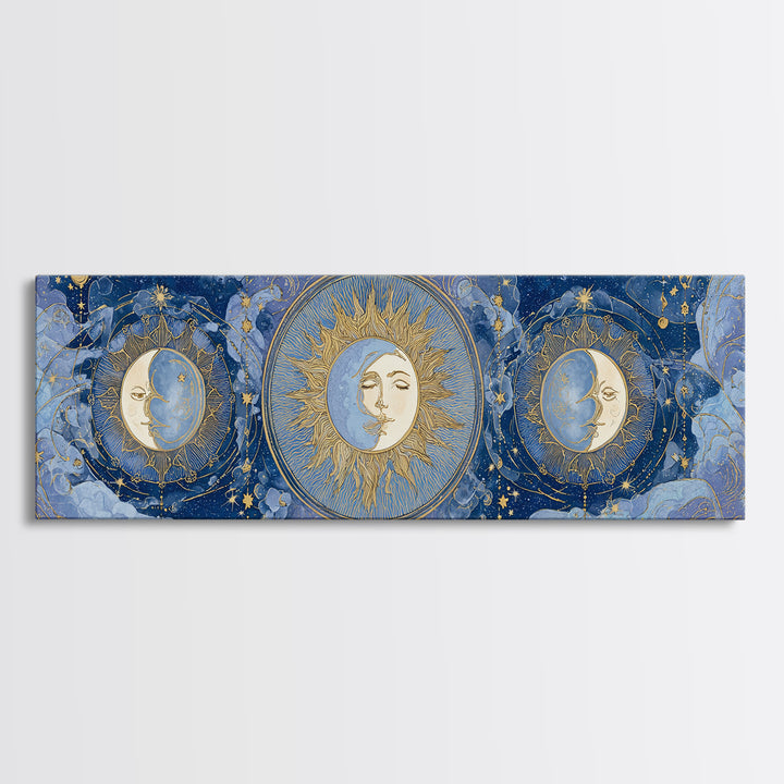 Moon with Sleeping Face and Dangling Stars Framed Canvas Print, Whimsical Art, Minimalist Decor, Living Room Decor, Wonder, WHI-3x1-56