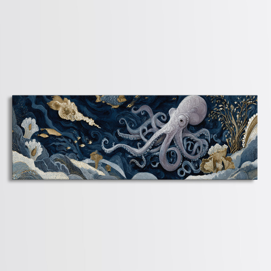 Octopus Conductor with Tiny Instruments Framed Canvas Print, Whimsical Art, Nursery, Living Room Decor, Fine Art, Wonder, WHI-3x1-58