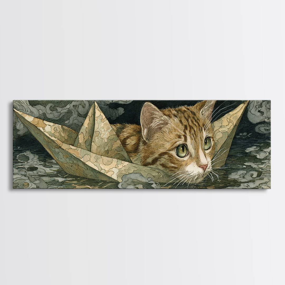 Cat Sailing a Paper Boat Canvas Print, Whimsical Art, Abstract Wall Art, Living Room Decor, Fine Art, Wonder, Neutral Decor, WHI-3x1-66