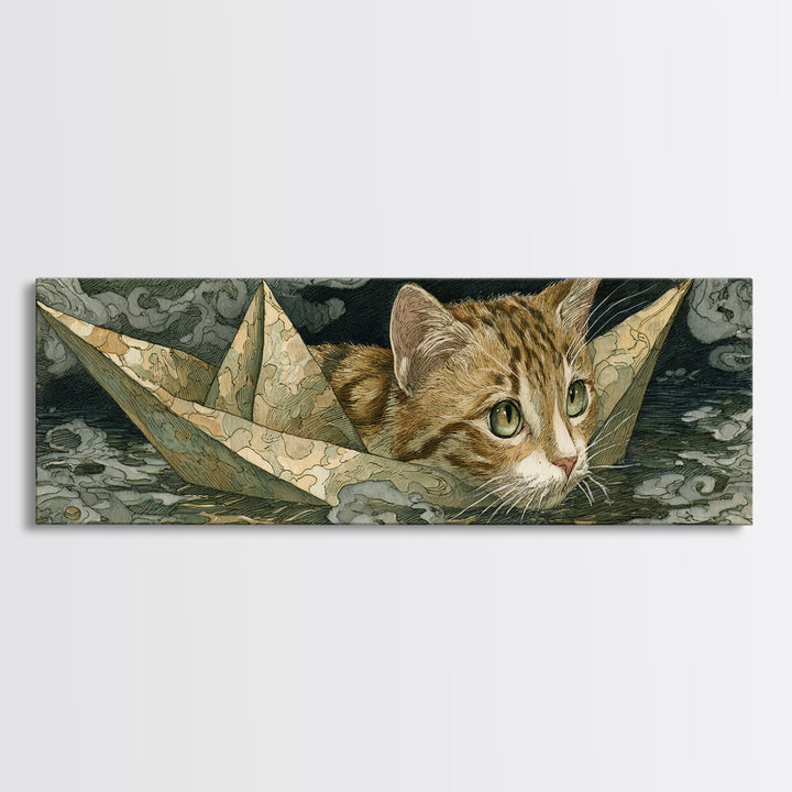 Cat Sailing a Paper Boat Canvas Print, Whimsical Art, Abstract Wall Art, Living Room Decor, Fine Art, Wonder, Neutral Decor, WHI-3x1-66