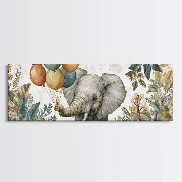 Elephant Holding Balloons Framed Canvas Print, Whimsical Art, Art Nouveau, Living Room Decor, Abstract Art, Wonder, WHI-3x1-67
