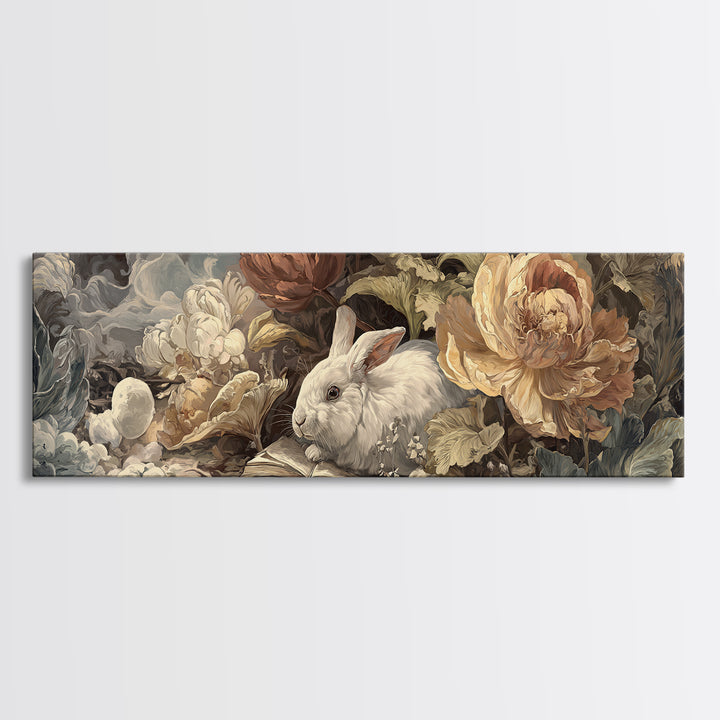 Rabbit Reading Beneath a Giant Flower Framed Canvas Print, Whimsical Art, Gallery Decor, Living Room Decor, Fine Art, Wonder, WHI-3x1-69