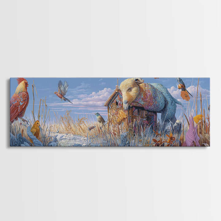Floating House Carried by Colorful Birds Canvas Print, Whimsical Art, Framed Wall Art, Living Room Decor, Fine Art, Wonder, WHI-3x1-71