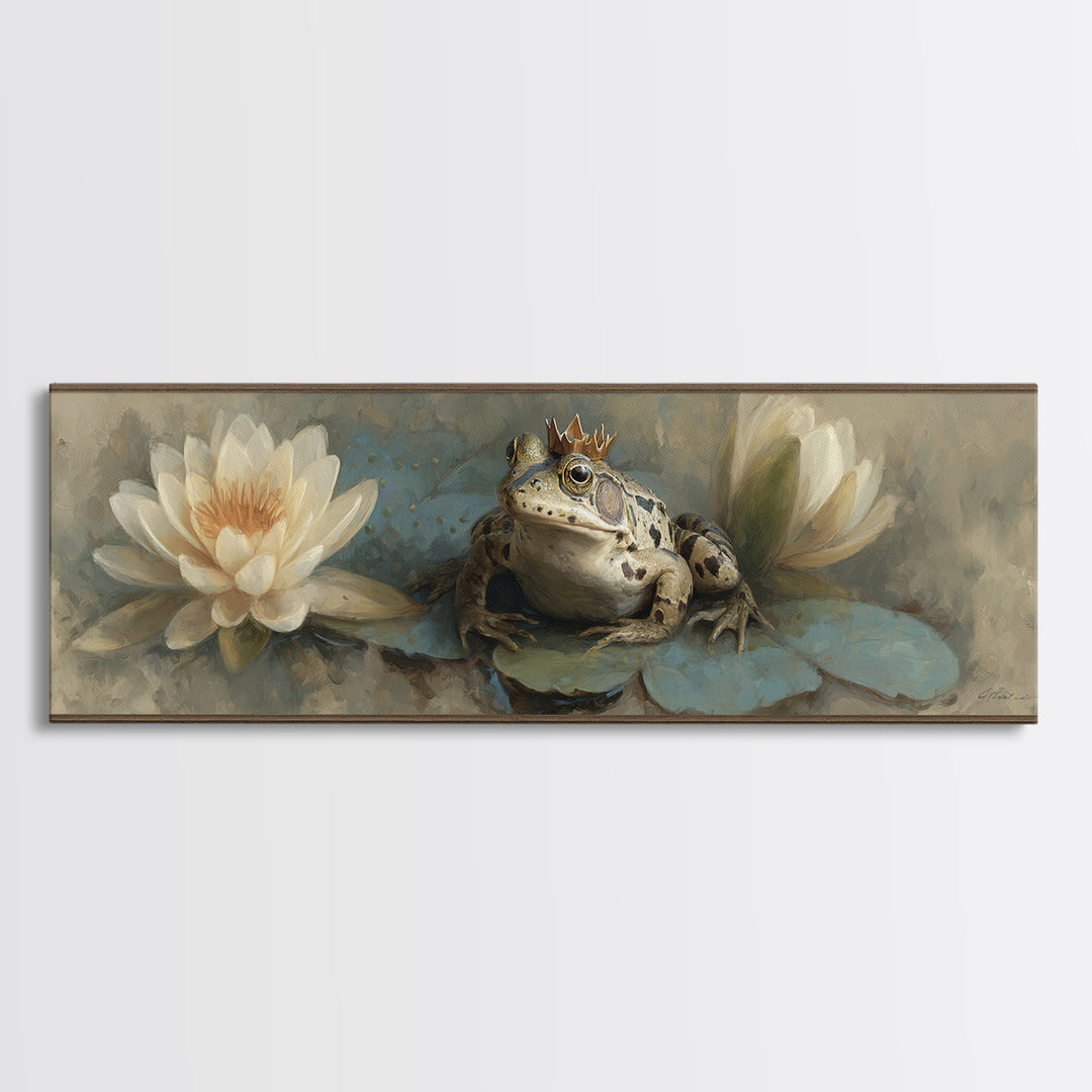 Frog Prince on a Lily Pad Framed Canvas Print, Whimsical Art, Wall Decor, Living Room Decor, Fine Art, Wonder, Printable Art, WHI-3x1-72