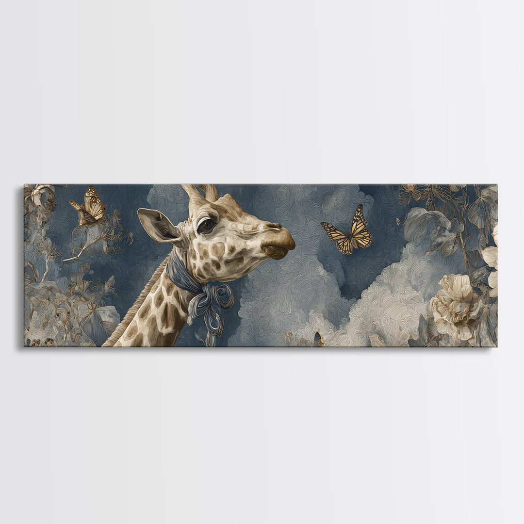 Giraffe with Scarf and Butterflies Framed Canvas Print, Whimsical Art, Dopamine Decor, Living Room Decor, Oil Painting, Wonder, WHI-3x1-74