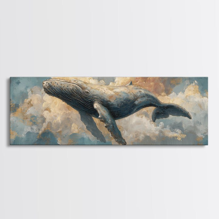 Whale Flying Through Clouds Like Ocean Framed Canvas Print, Whimsical Art, Nursery Art, Living Room Decor, Oil Painting, Wonder, WHI-3x1-77