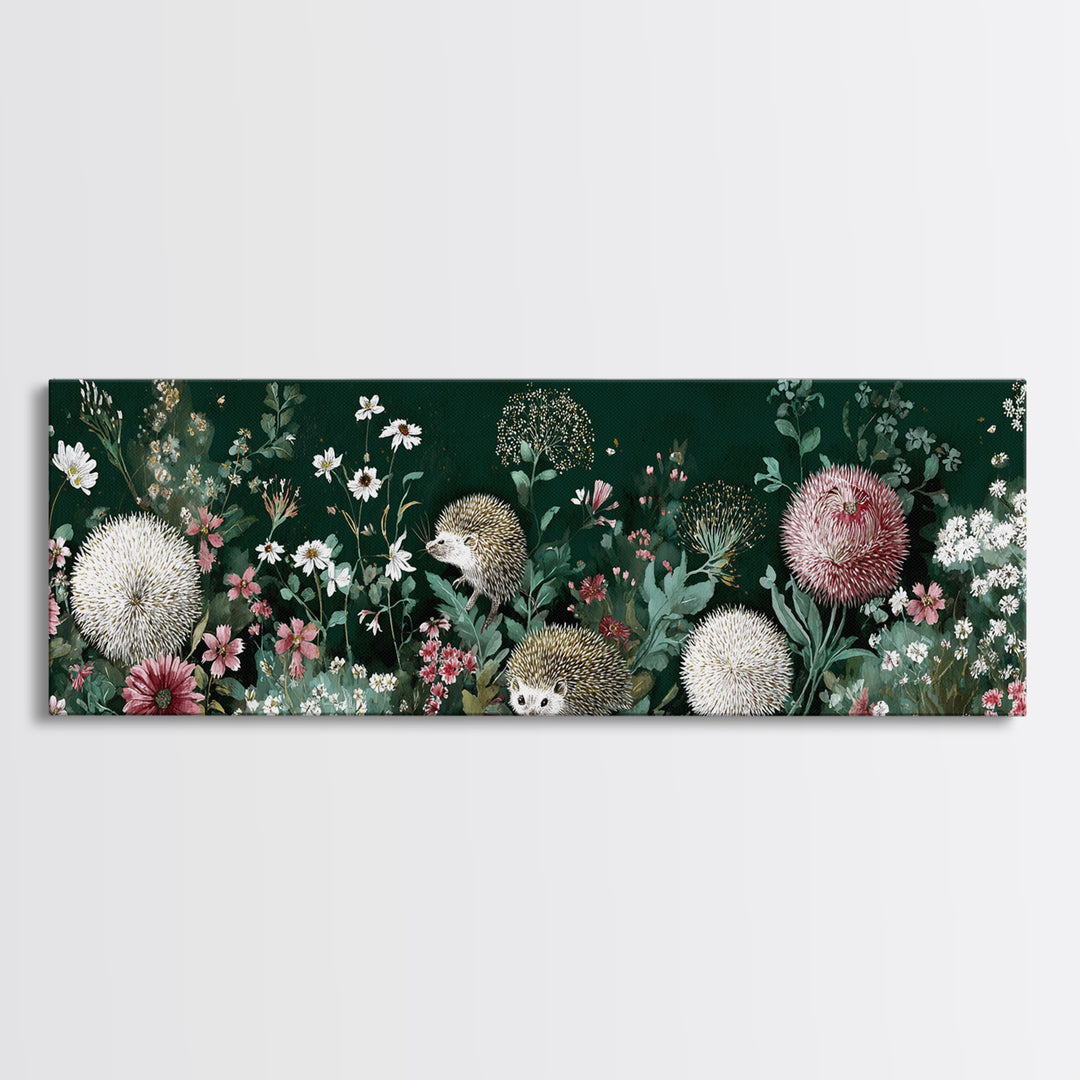 Hedgehog Carrying Wildflowers Framed Canvas Print, Whimsical Art, Whimsical, Living Room Decor, Watercolor Art, Wonder, WHI-3x1-79