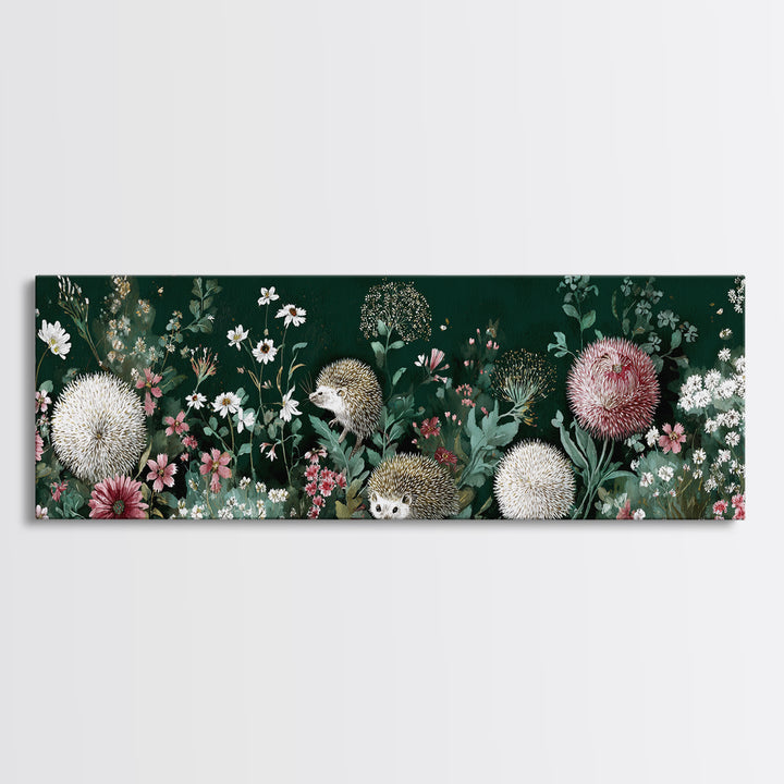 Hedgehog Carrying Wildflowers Framed Canvas Print, Whimsical Art, Whimsical, Living Room Decor, Watercolor Art, Wonder, WHI-3x1-79