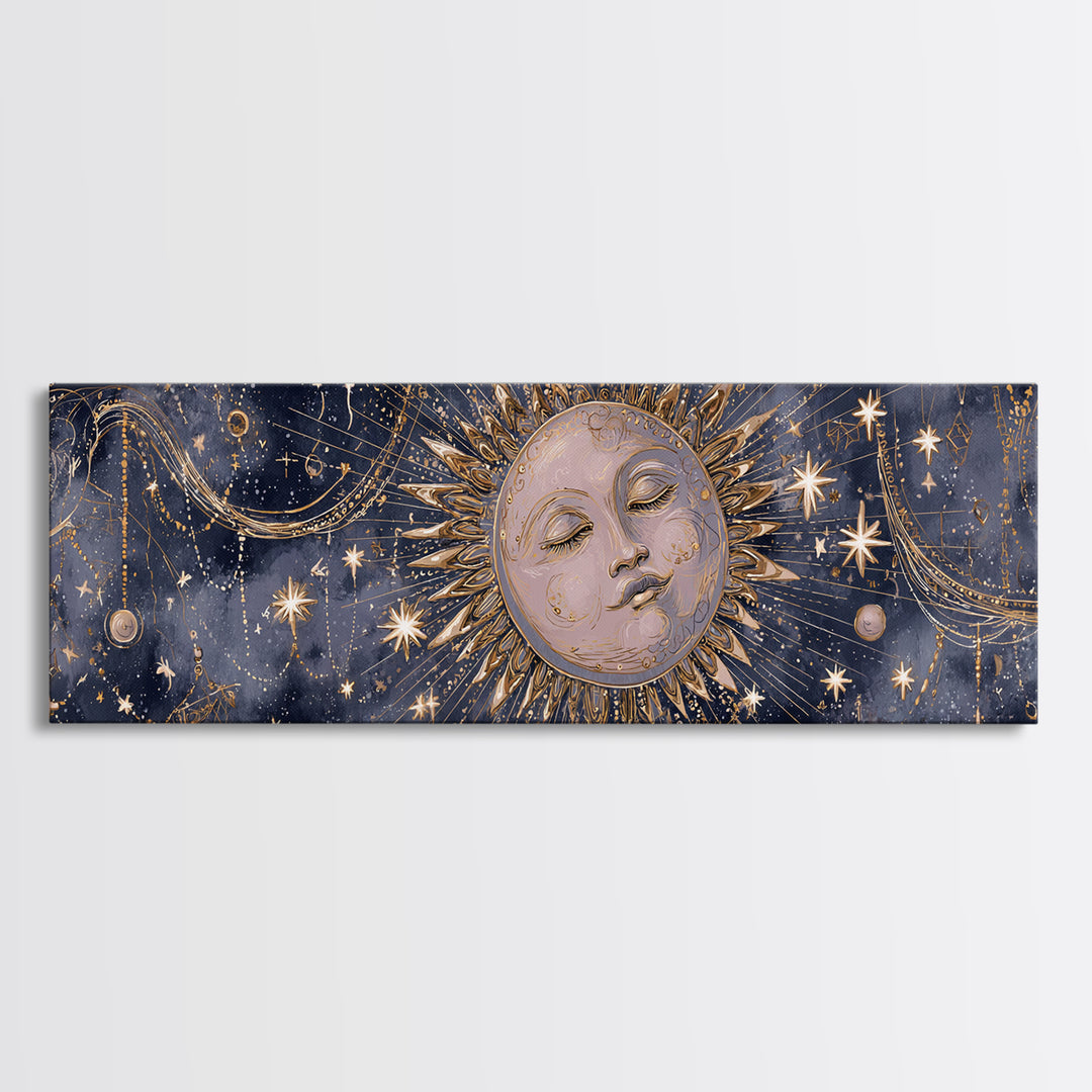 Moon with Sleeping Face and Dangling Stars Canvas Print, Whimsical Art, Nursery Wall Decor, Living Room Decor, Oil Painting, WHI-3x1-8