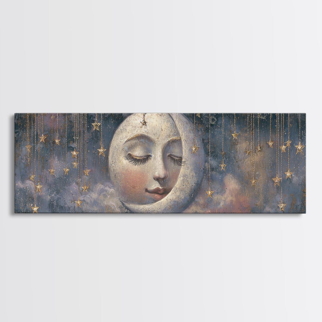 Moon with Sleeping Face and Dangling Stars Canvas Print, Whimsical Art, Art Print, Living Room Decor, Fine Art, Wonder, WHI-3x1-80