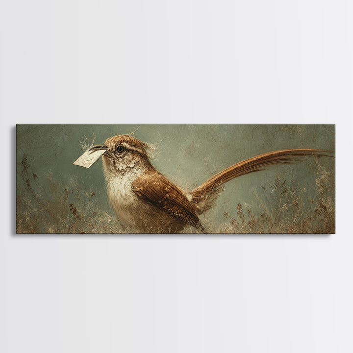 Bird Delivering a Tiny Love Letter Framed Canvas Print, Whimsical Art, Nursery Wall Art, Living Room Decor, Fine Art, Wonder, WHI-3x1-87