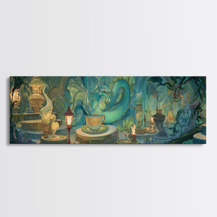 Dragon Curled Around a Teacup Canvas Print, Whimsical Art, Wall Art, Living Room Decor, Oil Painting, Wonder, Framed Wall Art, WHI-3x1-88