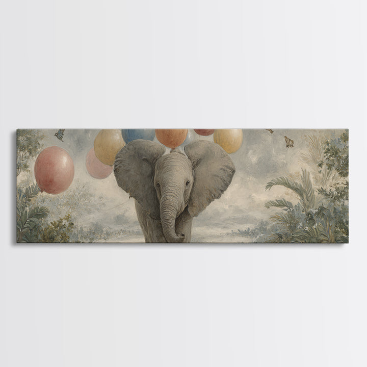 Elephant Holding Balloons Canvas Print, Whimsical Art, Pet Portrait, Living Room Decor, Fine Art, Wonder, Abstract Wall Art, WHI-3x1-91