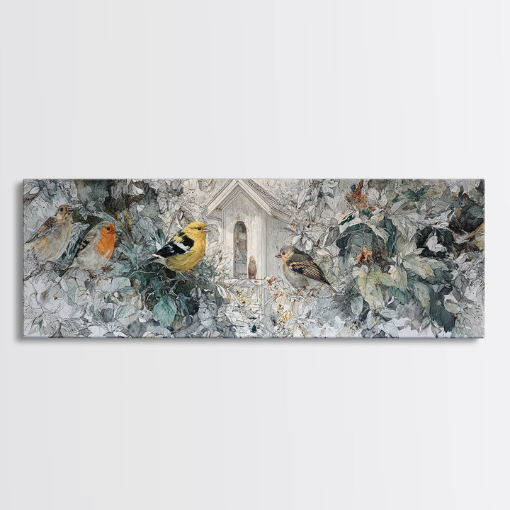 Floating House Carried by Colorful Birds Canvas Print, Whimsical Art, Living Room Decor, Oil Painting, Wonder, WHI-3x1-95