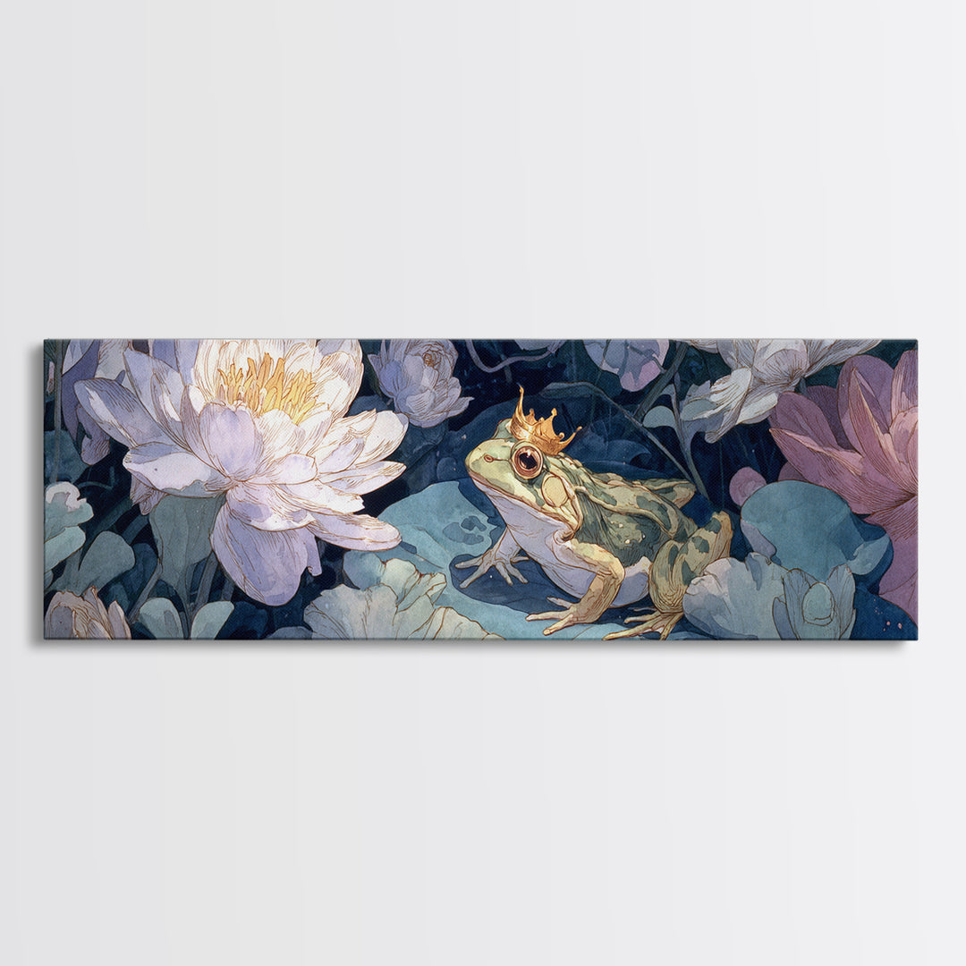 Frog Prince on a Lily Pad Canvas Print, Whimsical Art, Textured Painting, Living Room Decor, Fine Art, Wonder, Nursery Decor, WHI-3x1-96