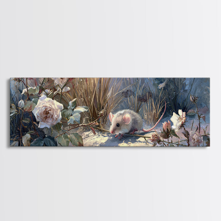 Mouse Ballerina in a Rose Garden Framed Canvas Print, Whimsical Art, Oil Painting, Living Room Decor, Wonder, WHI-3x1-99