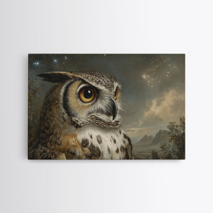 Owl Wearing Spectacles Among Stars Framed Canvas Print, Whimsical Art, Nursery, Living Room Decor, Wonder, Watercolor Art, WHI-3x2-10