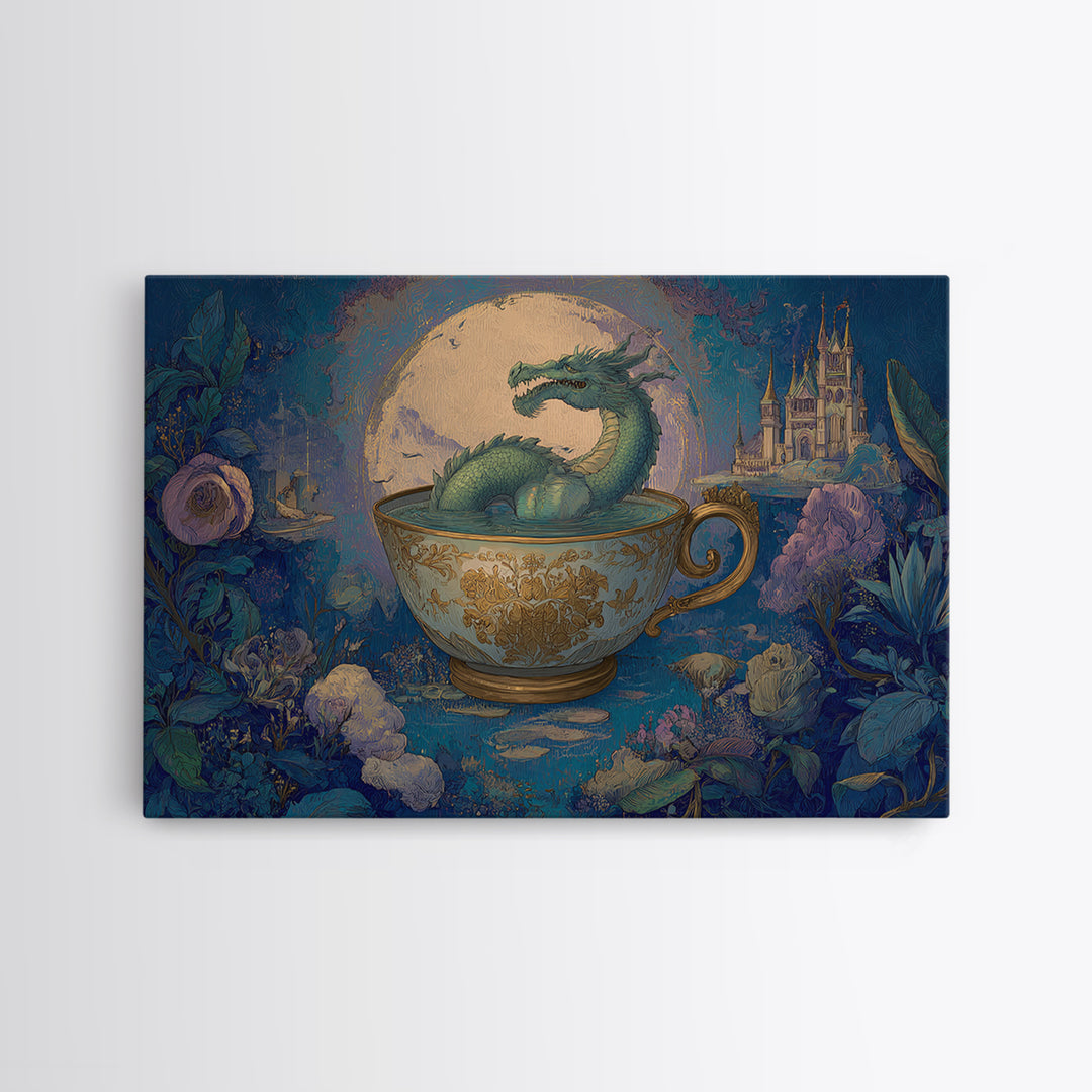 Dragon Curled Around a Teacup Framed Canvas Print, Whimsical Art, Wall Art, Living Room Decor, Oil Painting, Wonder, WHI-3x2-100
