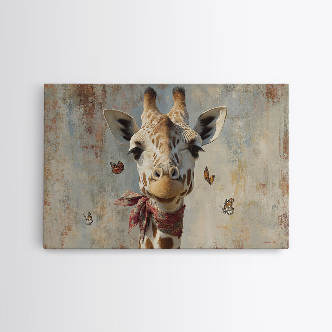 Giraffe with Scarf and Butterflies Framed Canvas Print, Whimsical Art, Framed Wall Art, Living Room Decor, Fine Art, Wonder, WHI-3x2-14