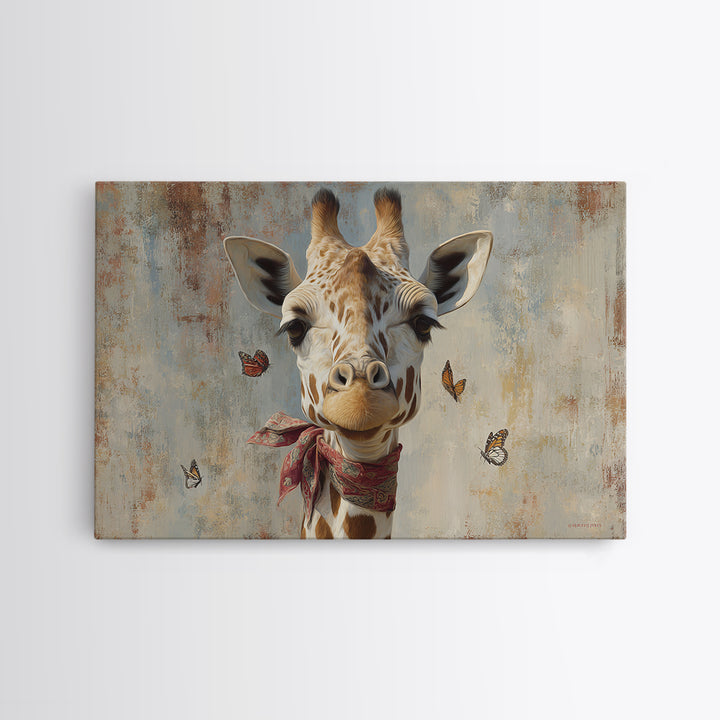 Giraffe with Scarf and Butterflies Framed Canvas Print, Whimsical Art, Framed Wall Art, Living Room Decor, Fine Art, Wonder, WHI-3x2-14