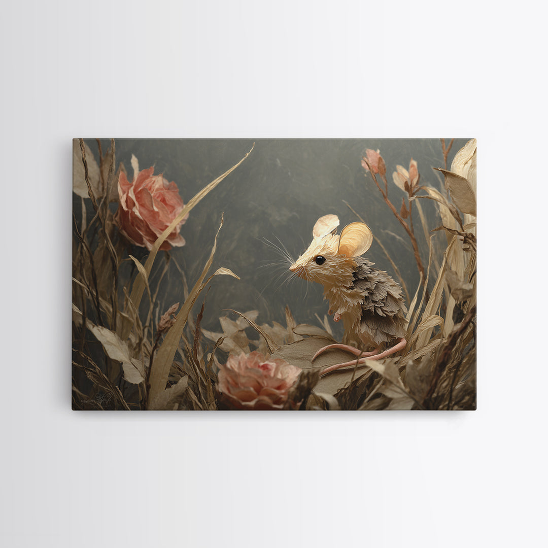 Mouse Ballerina in a Rose Garden Framed Canvas Print, Whimsical Art, Abstract Wall Art, Living Room Decor, Watercolor Art, WHI-3x2-15