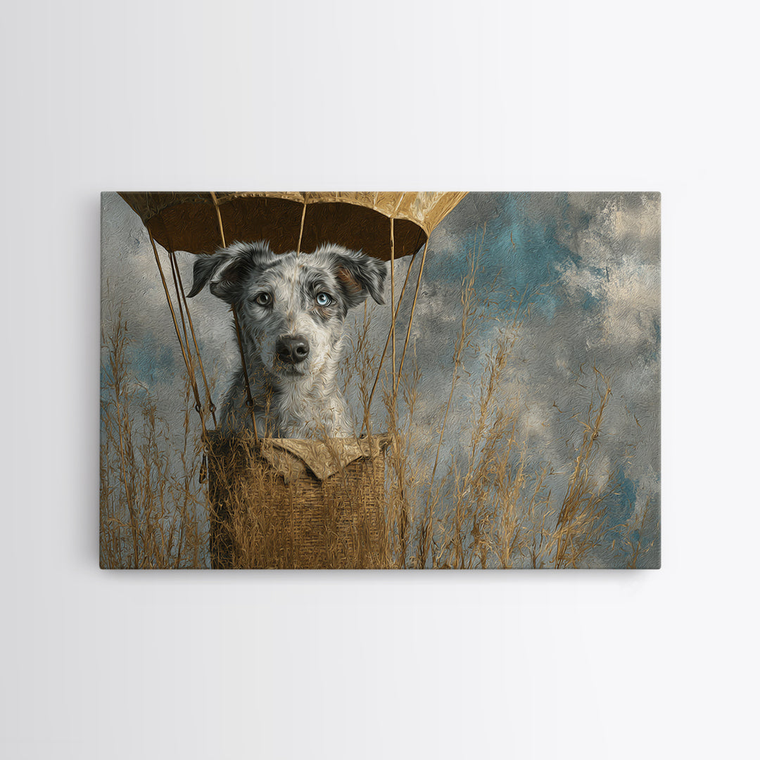 Dog in a Hot Air Balloon Framed Canvas Print, Whimsical Art, Digital Print, Living Room Decor, Fine Art, Wonder, Bird Art, WHI-3x2-18