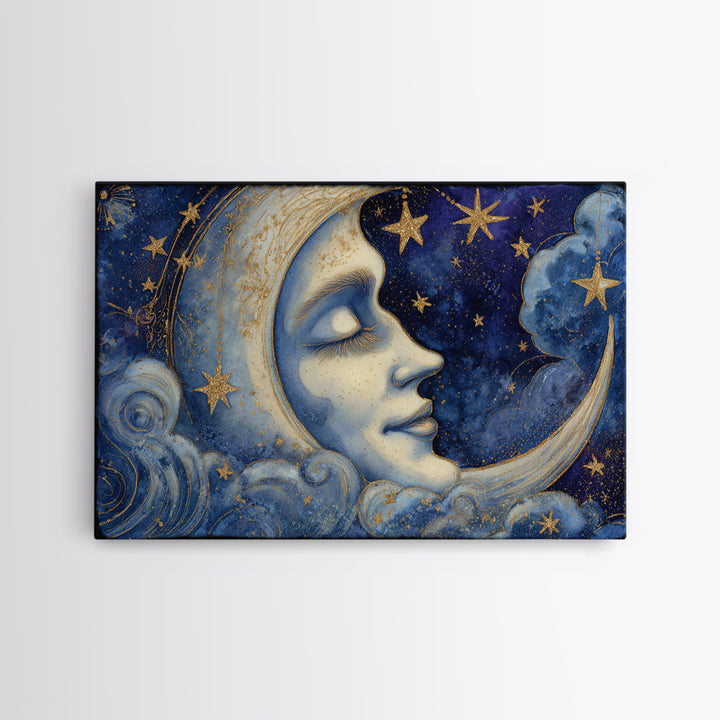 Moon with Sleeping Face and Dangling Stars Canvas Print, Whimsical Art, Nursery Wall Decor, Living Room Decor, Wonder, WHI-3x2-20
