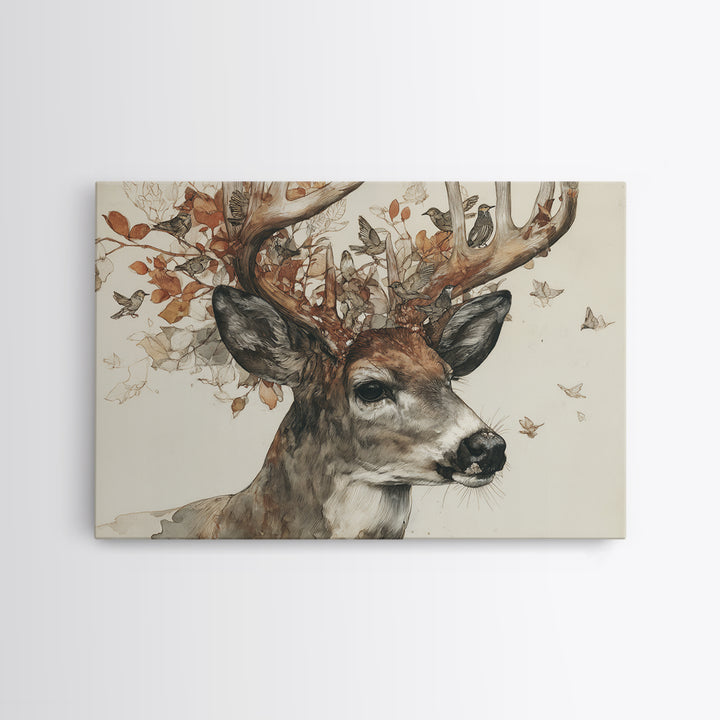 Deer with Antlers Full of Birds Framed Canvas Print, Whimsical Art, Nursery Art, Living Room Decor, Fine Art, Wonder, WHI-3x2-23